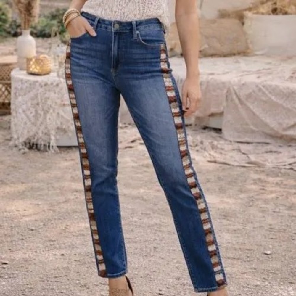 Driftwood Jackie Skinny Jeans 24 Embroidered Side Stripe Boho Medium Wash Denim